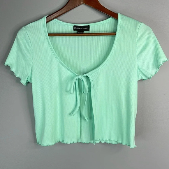 5/$25 STREETWEAR SOCIETY Mint Green Rib Crop Top Lettuce Hem Tied Front Size M - Picture 9 of 9